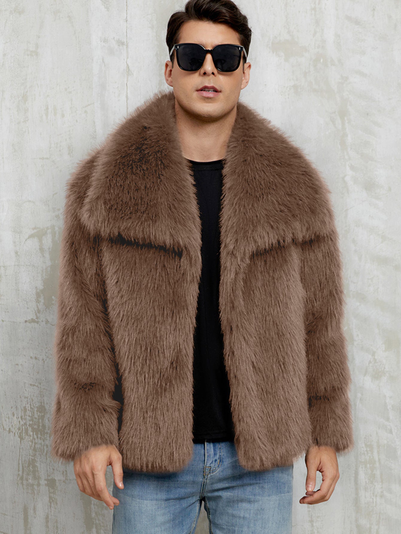 Mens Short Lapel-style Faux Fur Jacket Warm Outerwear