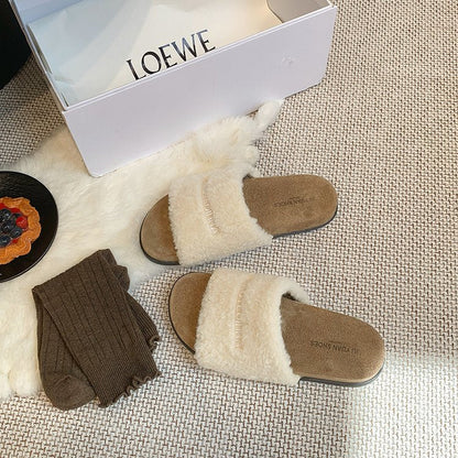 2026 Autumn New Women's Lamb Wool Flat Slippers, Soft Sole Non-Slip Versatile Fashion Furry Slides For Outdoor Wear