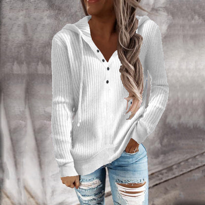 Women Ribbed Knit Hoodie Top Henley Half Button Drawstring Long Sleeve Casual Pullover Blouse