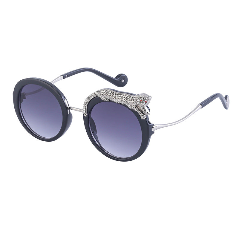 New Anti-Blue Light Glasses For Women With Leopard Head And Diamond Embellishments, European And American Style Round Frame Sunglasses, Trendy Large Frame Sun Protection Sunglasses With A High-End Fee