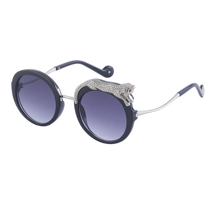 New Anti-Blue Light Glasses For Women With Leopard Head And Diamond Embellishments, European And American Style Round Frame Sunglasses, Trendy Large Frame Sun Protection Sunglasses With A High-End Fee