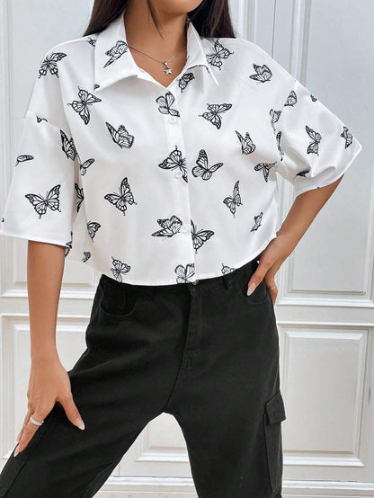 Women's Clothing Amazon TEMU Fashion Printed Short-sleeved Niche Butterfly Printed Shirt Women's Clothing