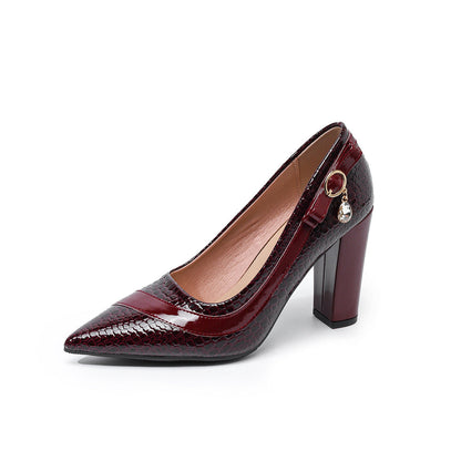 Pointed-toe Chunky-heel Snakeskin Pumps For Women