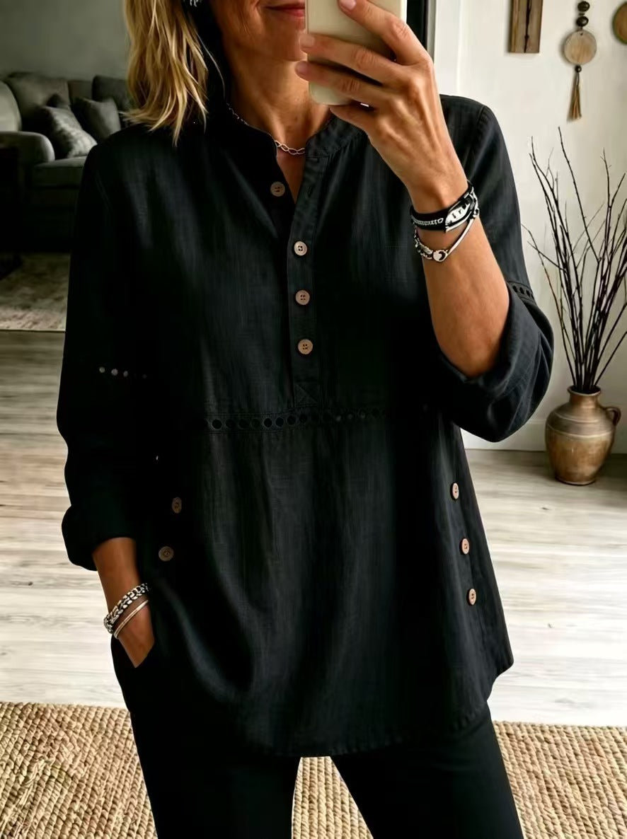 New Autumn And Winter Women's Clothing  Stand-up Collar Half-open Front Long-sleeved Top With Side Button Closure Loose Fit Casual Solid Color
