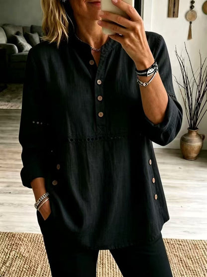 New Autumn And Winter Women's Clothing  Stand-up Collar Half-open Front Long-sleeved Top With Side Button Closure Loose Fit Casual Solid Color