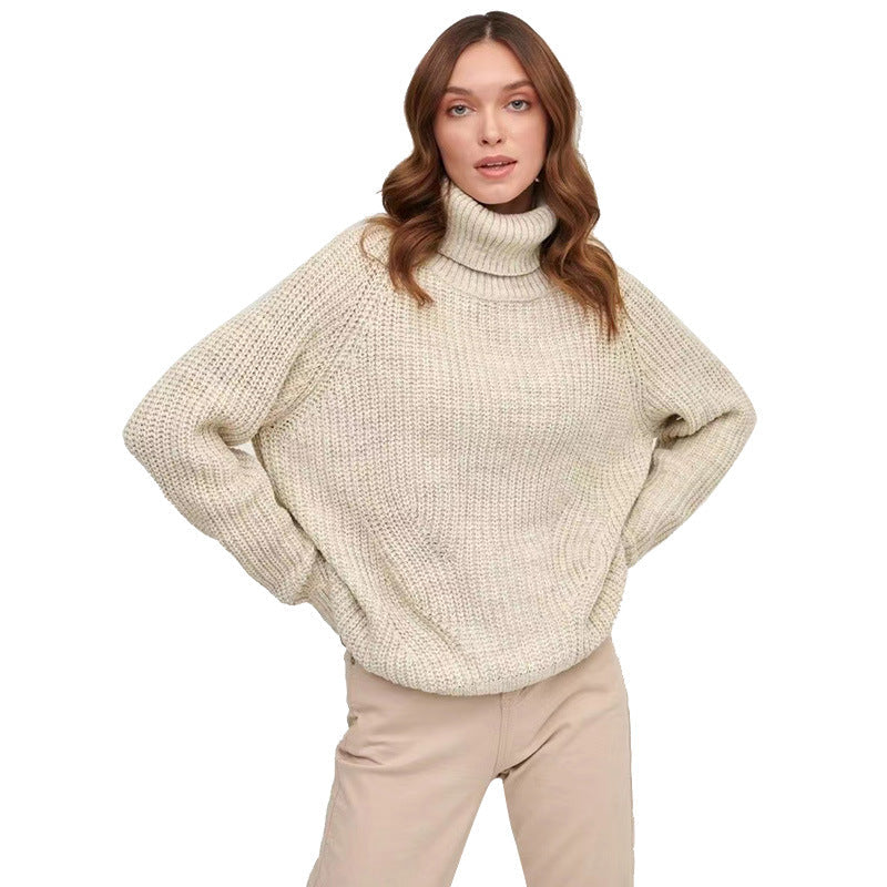 Women's Turtleneck Sweater Knitted Loose New Turtleneck Thickened Autumn And Winter Sweater Turtleneck Solid Color Casual Mid-length Sweater