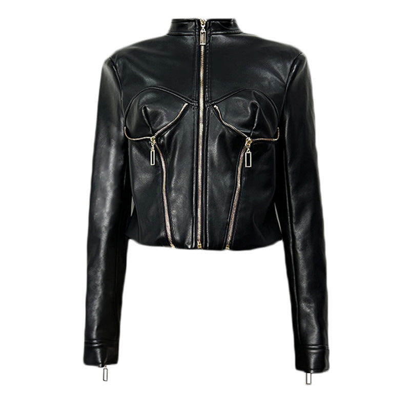 Heavy-duty PU Leather Moto-style Cropped Jacket With A Stand Collar And Zip Front