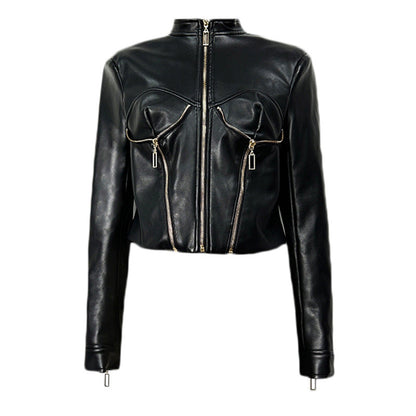 Heavy-duty PU Leather Moto-style Cropped Jacket With A Stand Collar And Zip Front