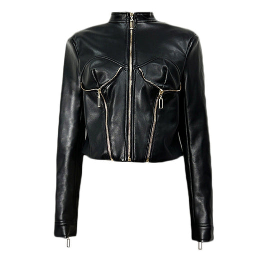 Heavy-duty PU Leather Moto-style Cropped Jacket With A Stand Collar And Zip Front