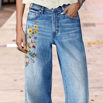 Floral-Embroidered Draped Wide-Leg Washed Denim Casual Trousers