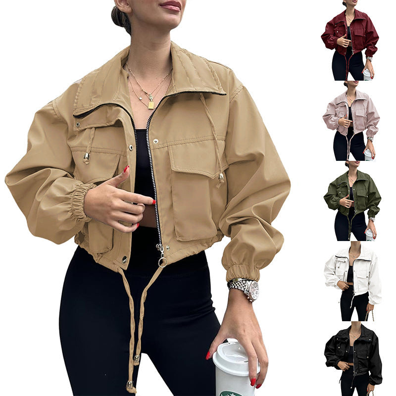 Cross-Border European And American Autum New Women's Pure Color Women's Short Jacket Zipper Windbreaker Jacket