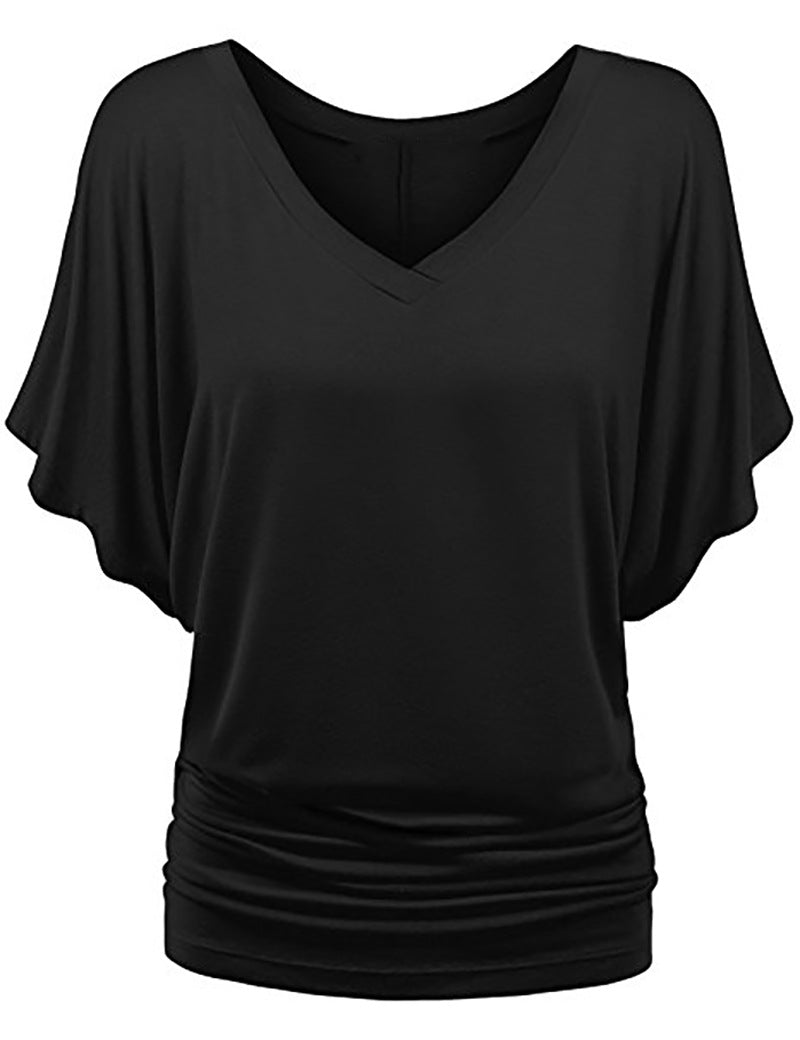 Plus-size Loose-fit Batwing-sleeve V-neck Short-sleeve T-shirt Top