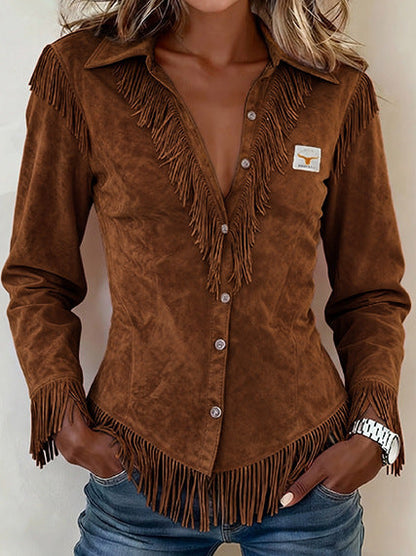 Spot Amazon Foreign Trade Cross-Border 2025 Western Cowboy Style Suede Tassel Slim Long-Sleeved Shirt