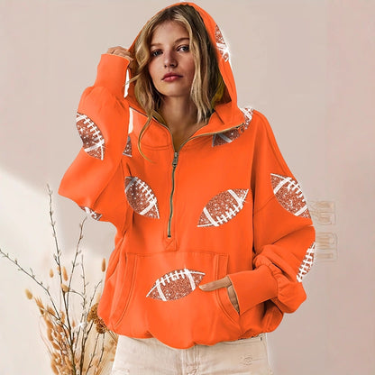 Football Digital Print Hoodie With Long Sleeves And A Zipper
