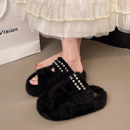 Women's Platform Height-Increasing Furry Single Strap Slippers, 2026 New Autumn Winter Pearl Magic Tape Warm Slides For Petite Women, Wearable Outdoors