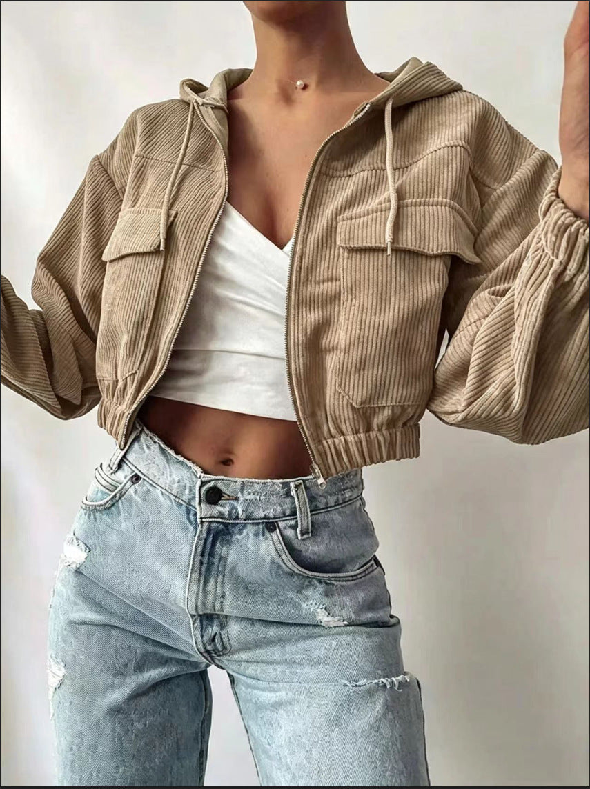 Womens Hooded Drawstring Short Jacket With Long Sleeves