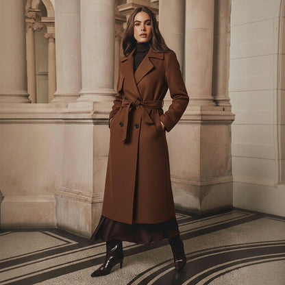 Russian Cross-Border European And American Style Long Coat 2026 Autumn And Winter New High-End Elegant Tie Woolen Coat For Women