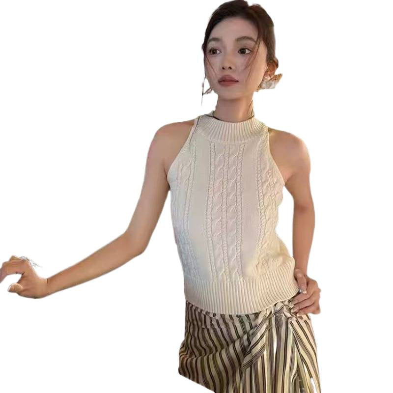 Minimalist Chic Halter-Neck Cable-Knit Textured Knit Vest For Women