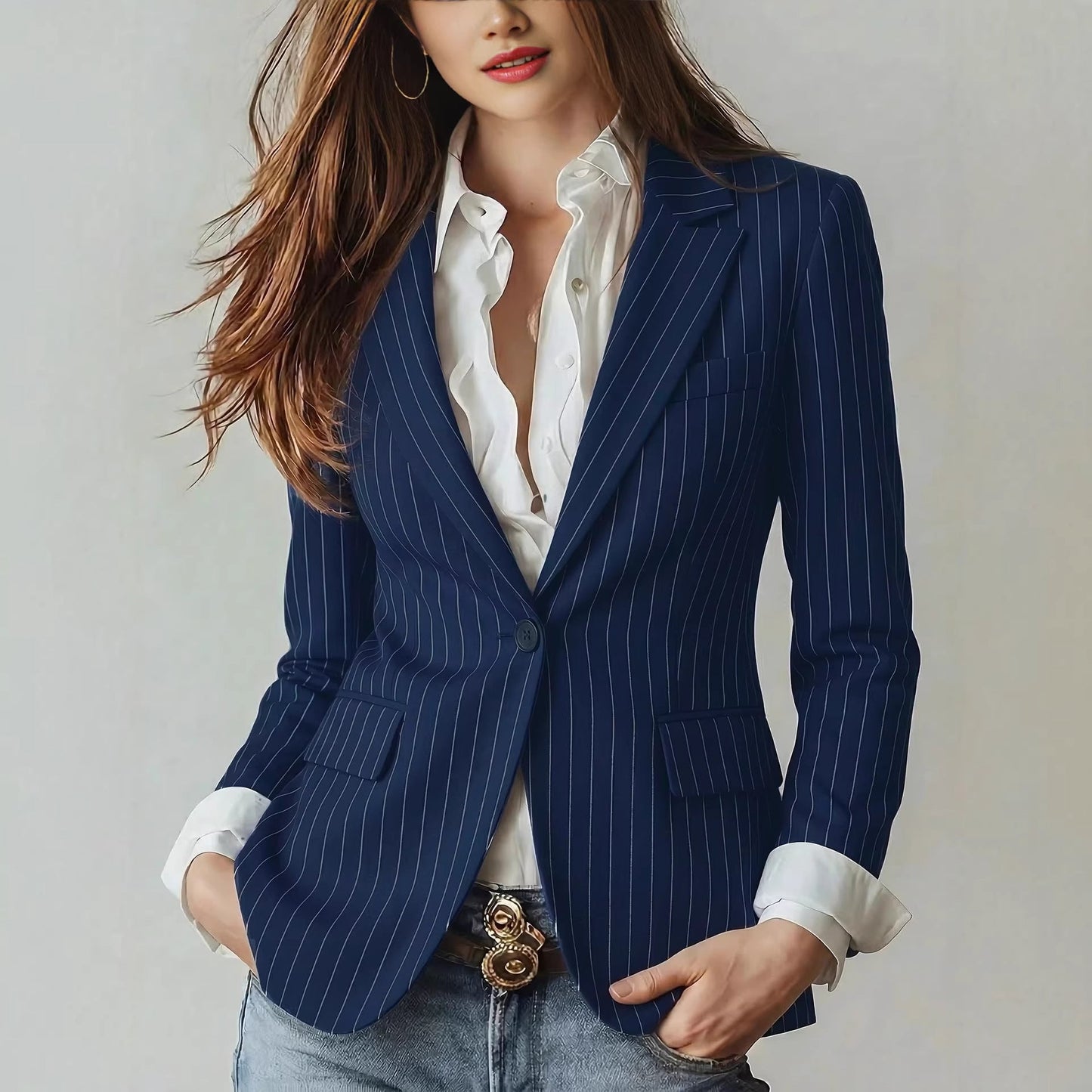 Navy Blue Striped Waist-Cinching Slimming Single-Buckle Petite Blazer For Women