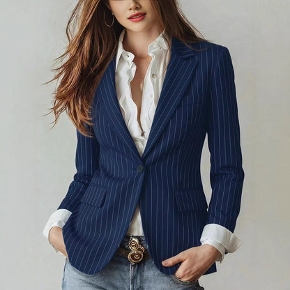 Navy Blue Striped Waist-Cinching Slimming Single-Buckle Petite Blazer For Women