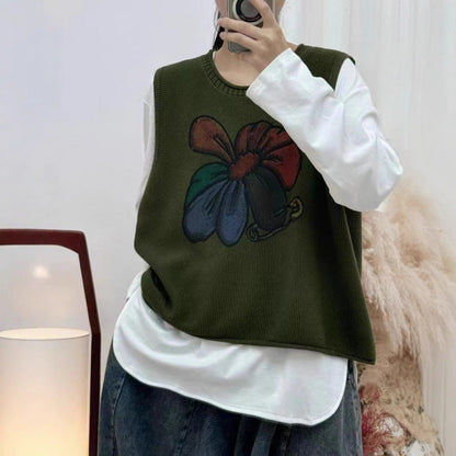 Womens Floral-Print Crew-Neck Loose-Fit Vintage Knitted Vest