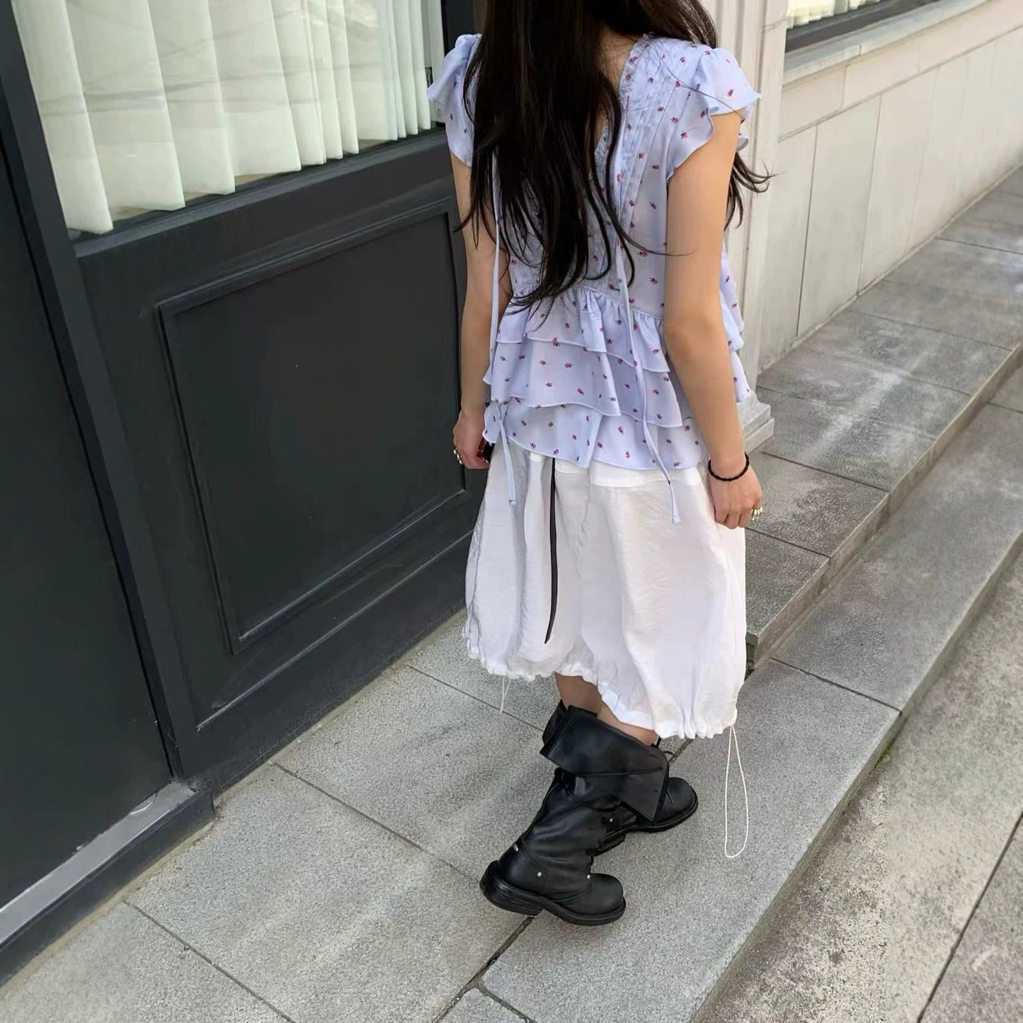 Pleated Floral-print Ruffled Blouse Vest With Ribbons