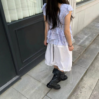 Pleated Floral-print Ruffled Blouse Vest With Ribbons