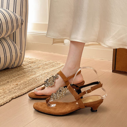 2026 French Style Metal Decor Thong Sandals For Women, Summer Stiletto Single Buckle Strap Fashion Sandals