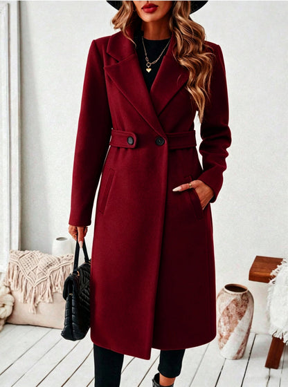 Womens Solid-color Wool Coat With A Lapel And Double-breasted Design