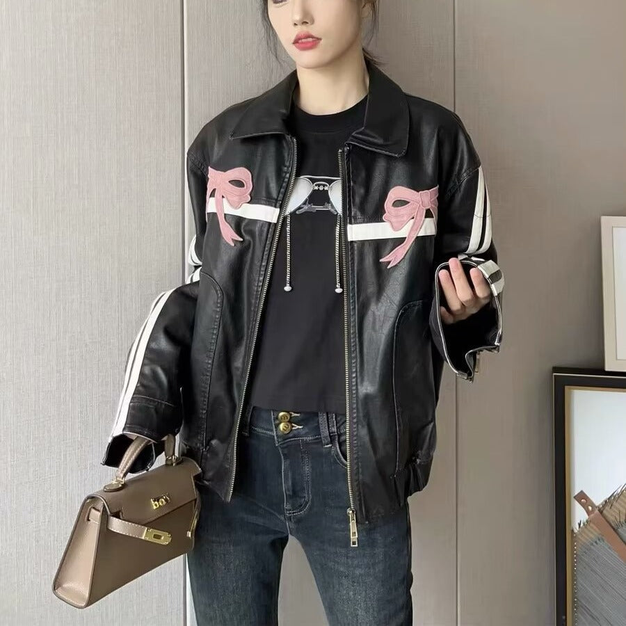 Women's Bow-Knot Zipper Leather Jacket