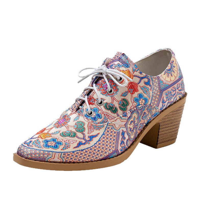Pointed-toe Printed High-heeled Pumps With Laces For Women