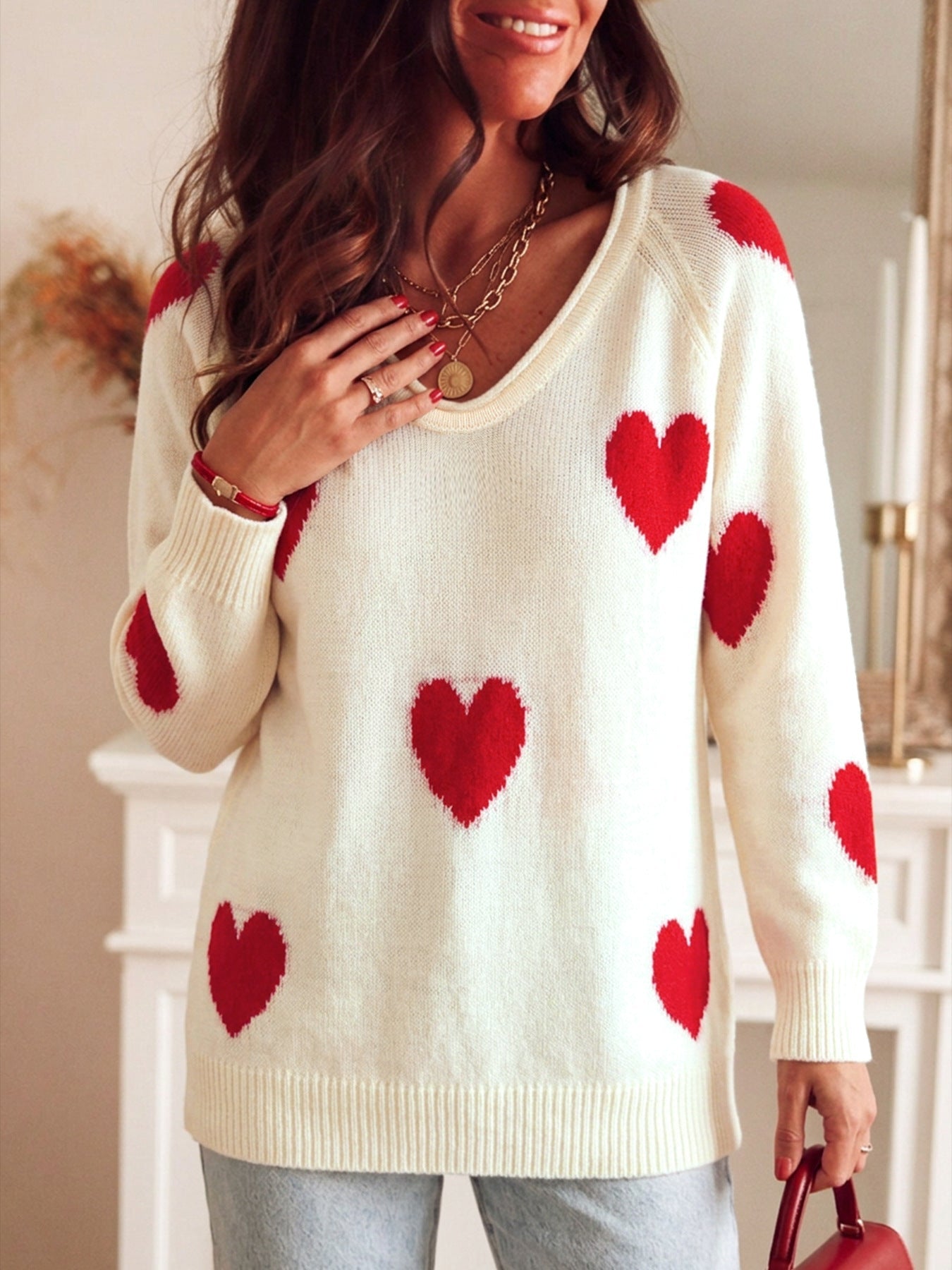 Overzied Casual Cream White All Over Red Heart Pattern Long Sleeve Knit Top For Women
