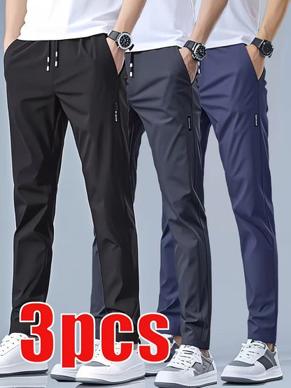 Mens Casual Straight-leg Long Pants With Quick-drying Elastic Waistband