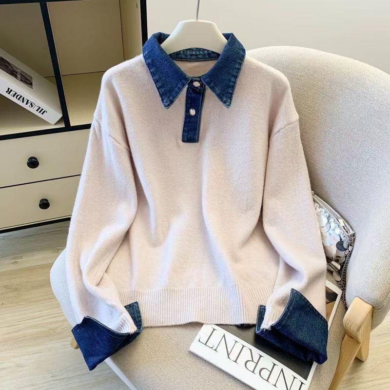 Fake Two-piece Denim Patchwork Polo-neck Contrast-color Sweater