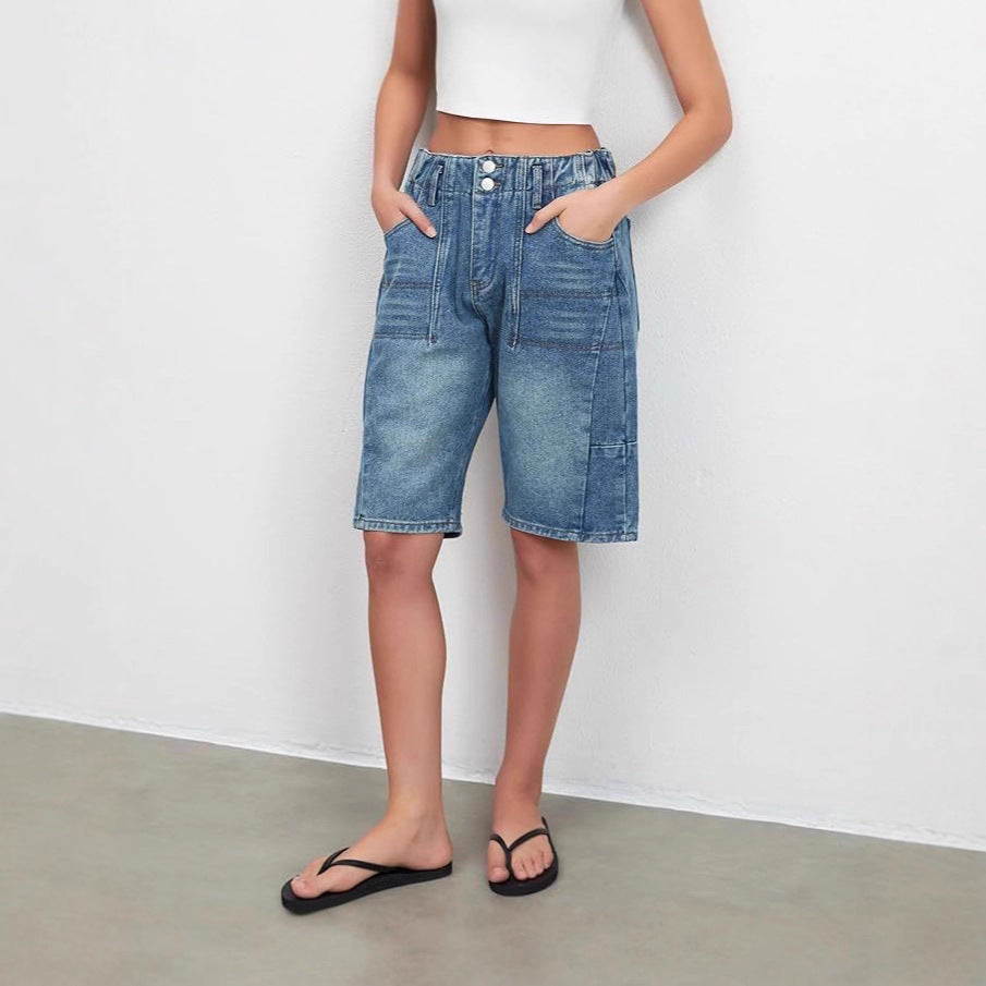 European And American Retro Washed Blue Denim Straight- Leg Cropped Pants
