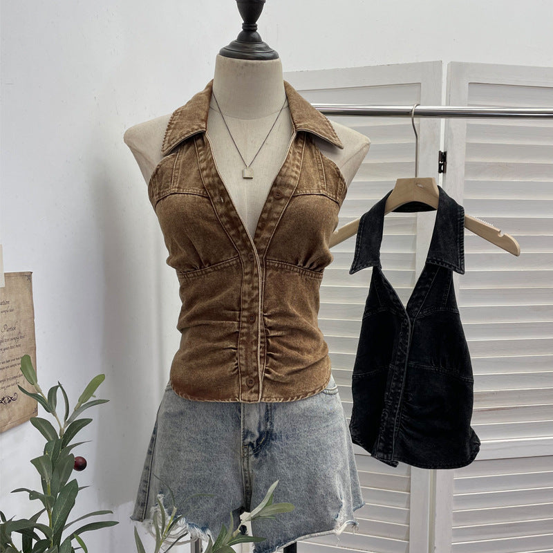 Neck-hanging V-neck Denim Vest Sleeveless Top For Women