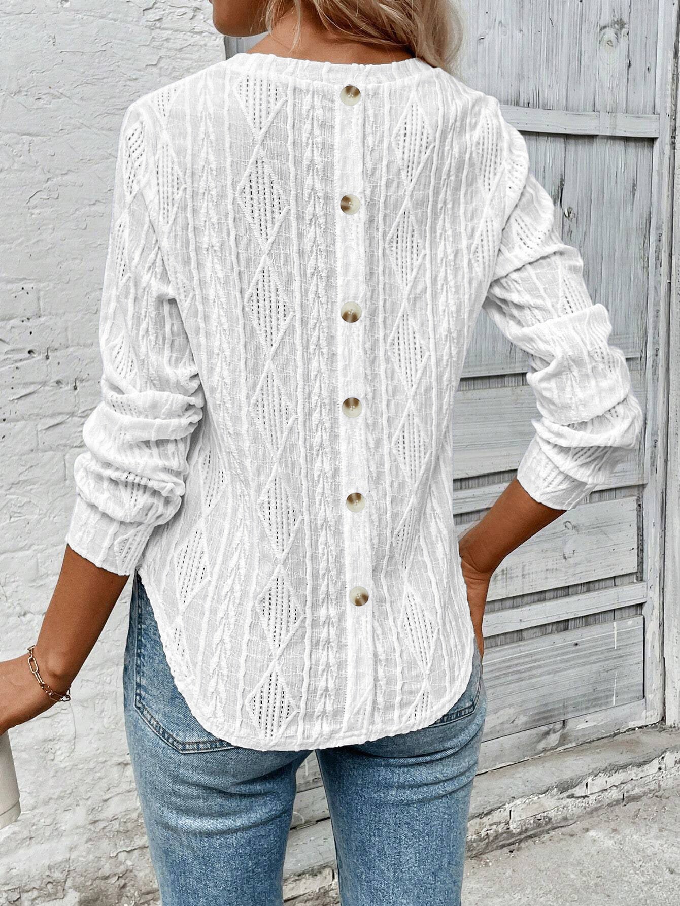 Women's Tops Amazon New Autumn And Winter Back-Button Single-Button Long-Sleeve Round-Neck Casual T-Shirt For Women