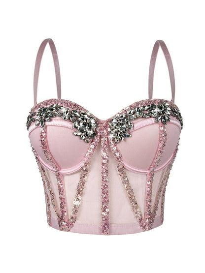 Cross-Border Rhinestone Mesh Fishbone Bra Semi-Transparent Sexy Slimming Suspender Tube Top Slimming  Diamond Fishbone Top Stage