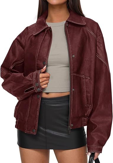 PU Jacket Womens Zip-up Casual Coat Leather Jacket