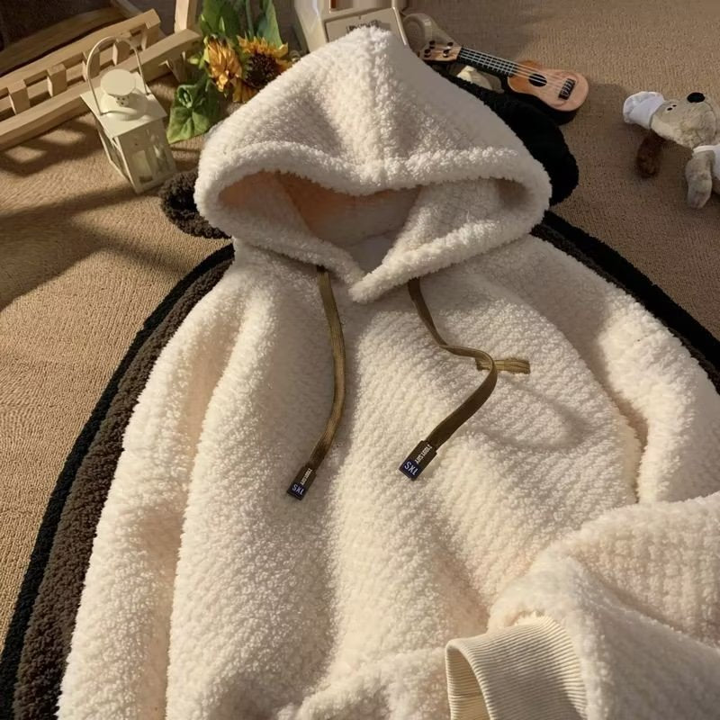 Winter Fleece-lined Extra-thick Lambswool Hooded Sweatshirt