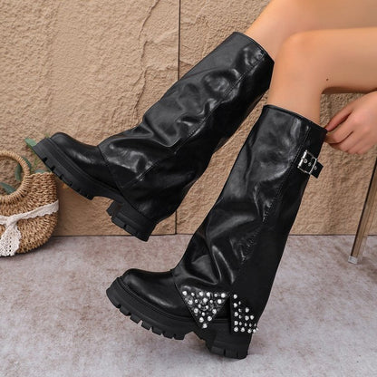Women's Round Toe Retro Rivet Slouchy Knee-High Boots, New 2026 Autumn & Winter Black Block Heel Metal Buckle Slouch Boots