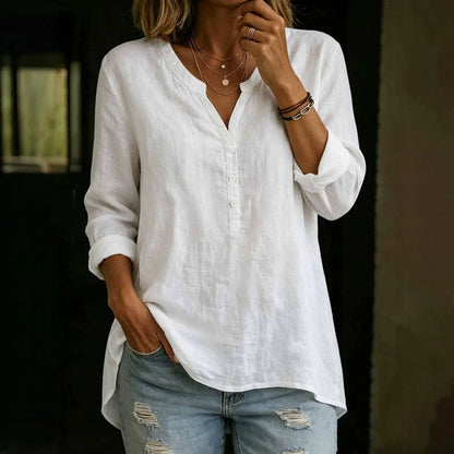Womens Solid-Color Casual Loose-Fit Button-Up Shirt