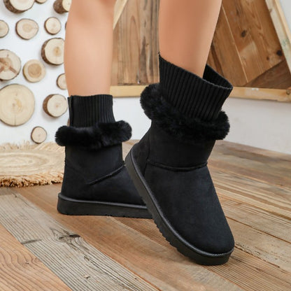 Women's Fleece Lined Thickened Slip-On Snow Boots, New Winter Platform Bow Warm Plus Size Furry Cotton Shoes