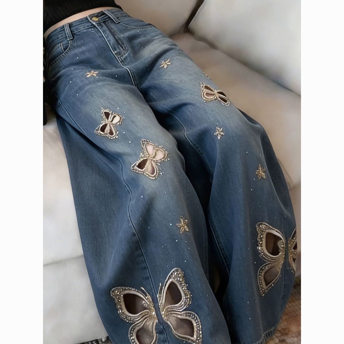 Butterfly Rhinestone Trimmed Narrow Legged High Waisted Slimming Versatile Straight Leg Pants