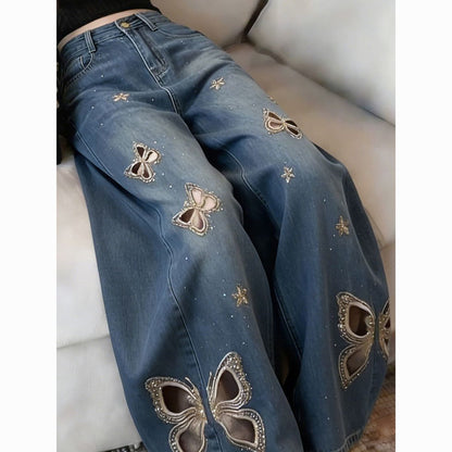 Butterfly Rhinestone Trimmed Narrow Legged High Waisted Slimming Versatile Straight Leg Pants