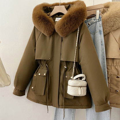 Womens Solid-Colored Loose Cotton Padded Coat With A Large Furry Collar