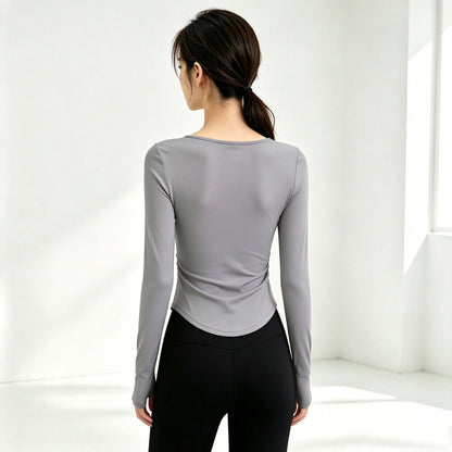 Small V-neck Pleated-waist Long-sleeve Womens Top