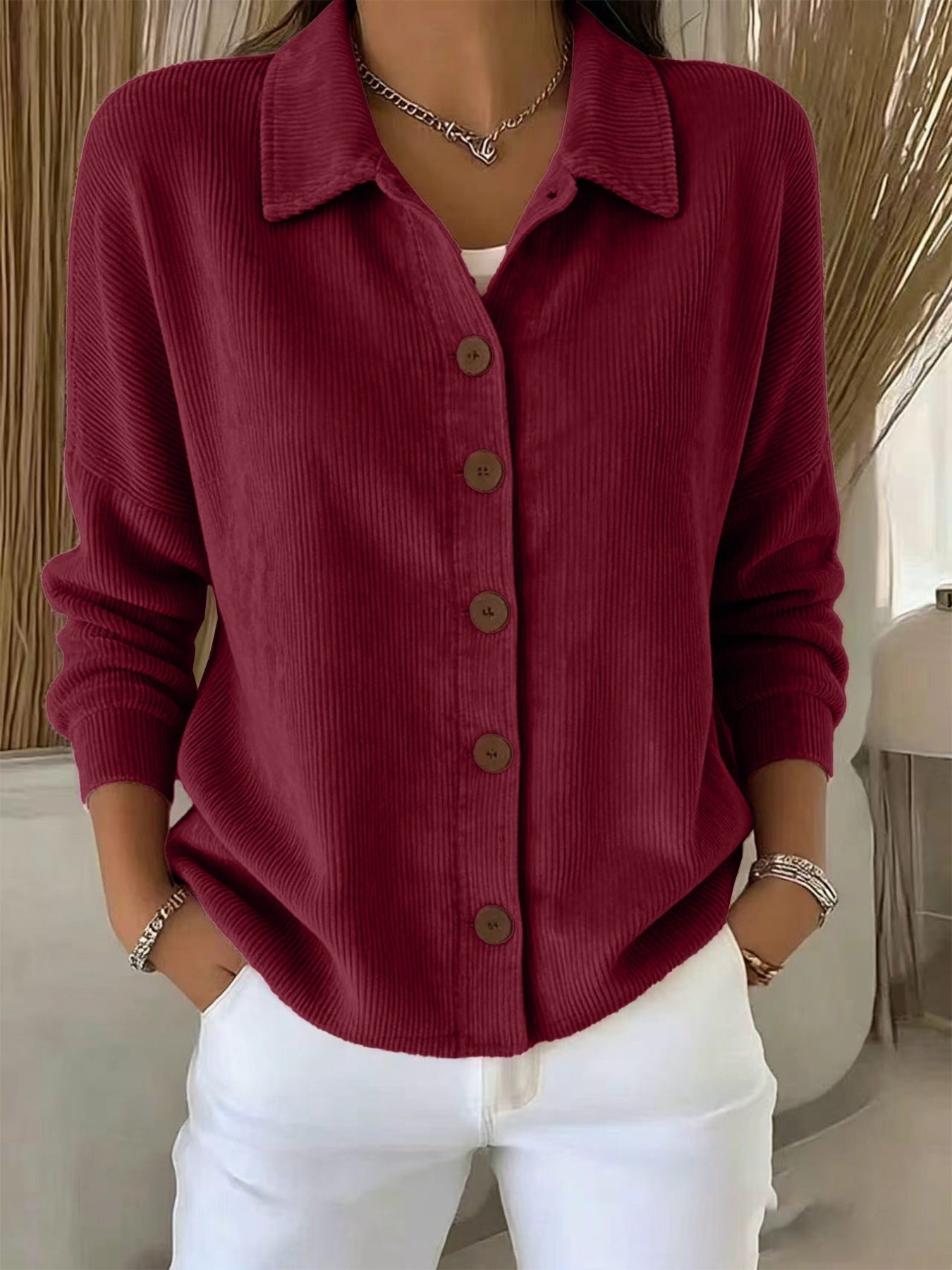 Womens Solid-Color Long-Sleeve Cardigan Polo Shirt