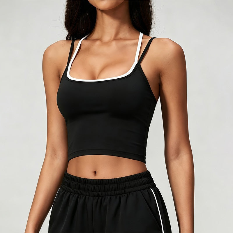 Color Block Sports Bra Halterneck Two Piece Faux Tank Top For Women