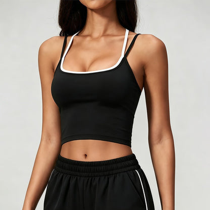 Color Block Sports Bra Halterneck Two Piece Faux Tank Top For Women